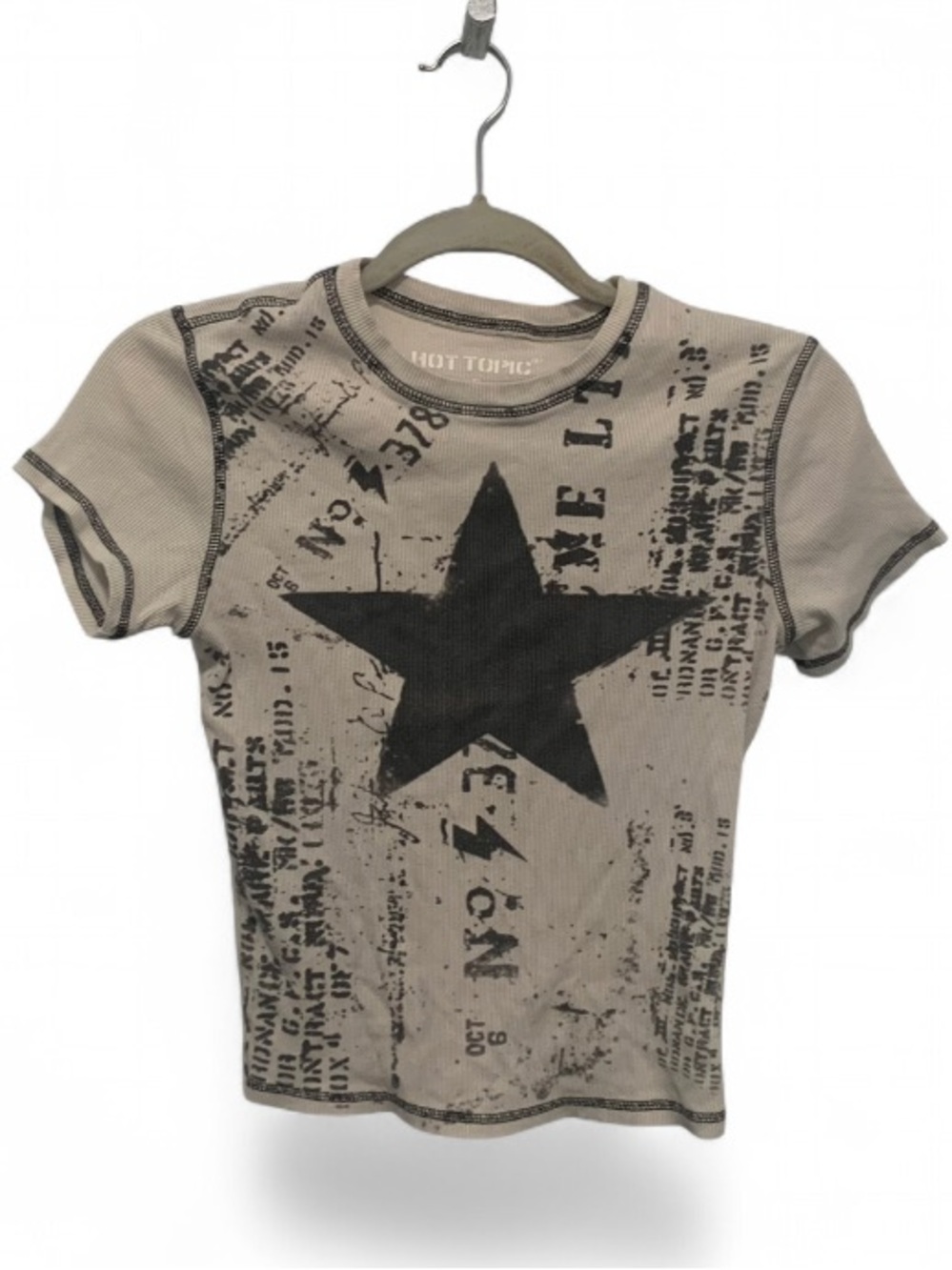Hot Topic Beige Ribbed Baby Tee with Emo Goth Black Star Graphic